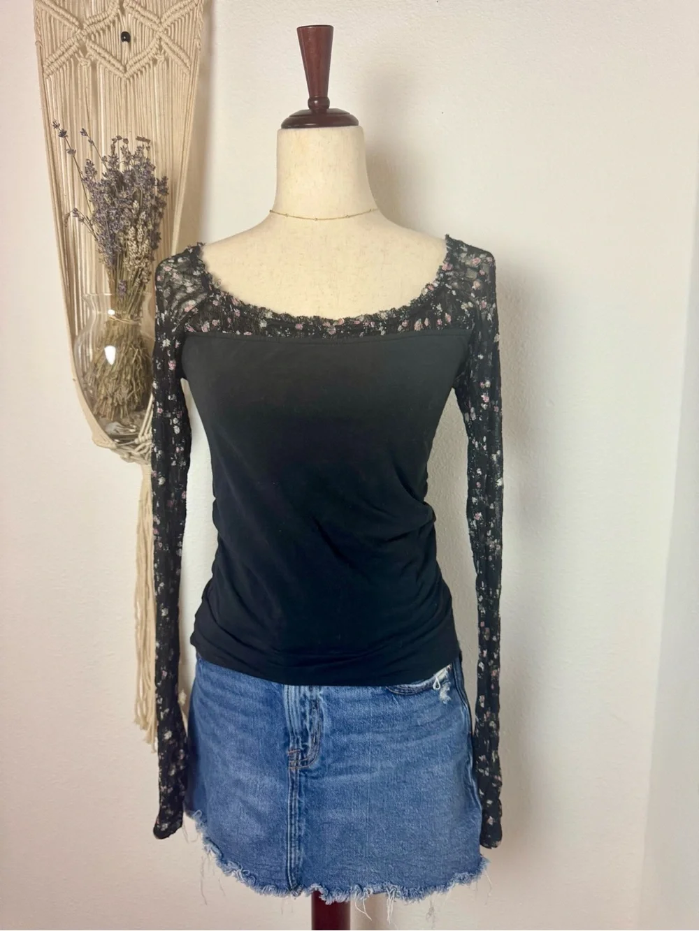 Free People Black Long Sleeve Lace-Trim Top with Pink Floral Accents